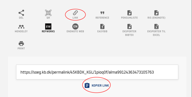Skærmbillede fra bibliotekssystemet, hvor link-knap og knap til at kopiere link er fremhævet.