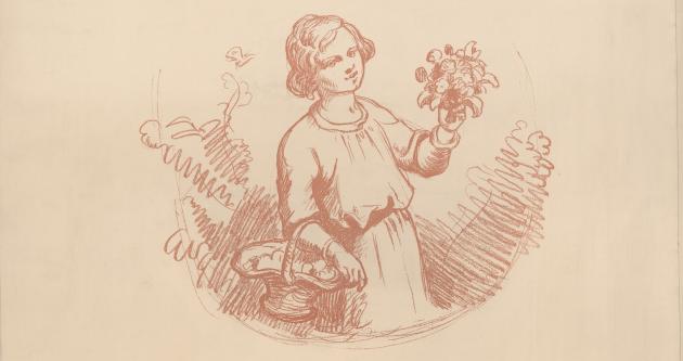 Illustration af en lille pige med blomster i rød.