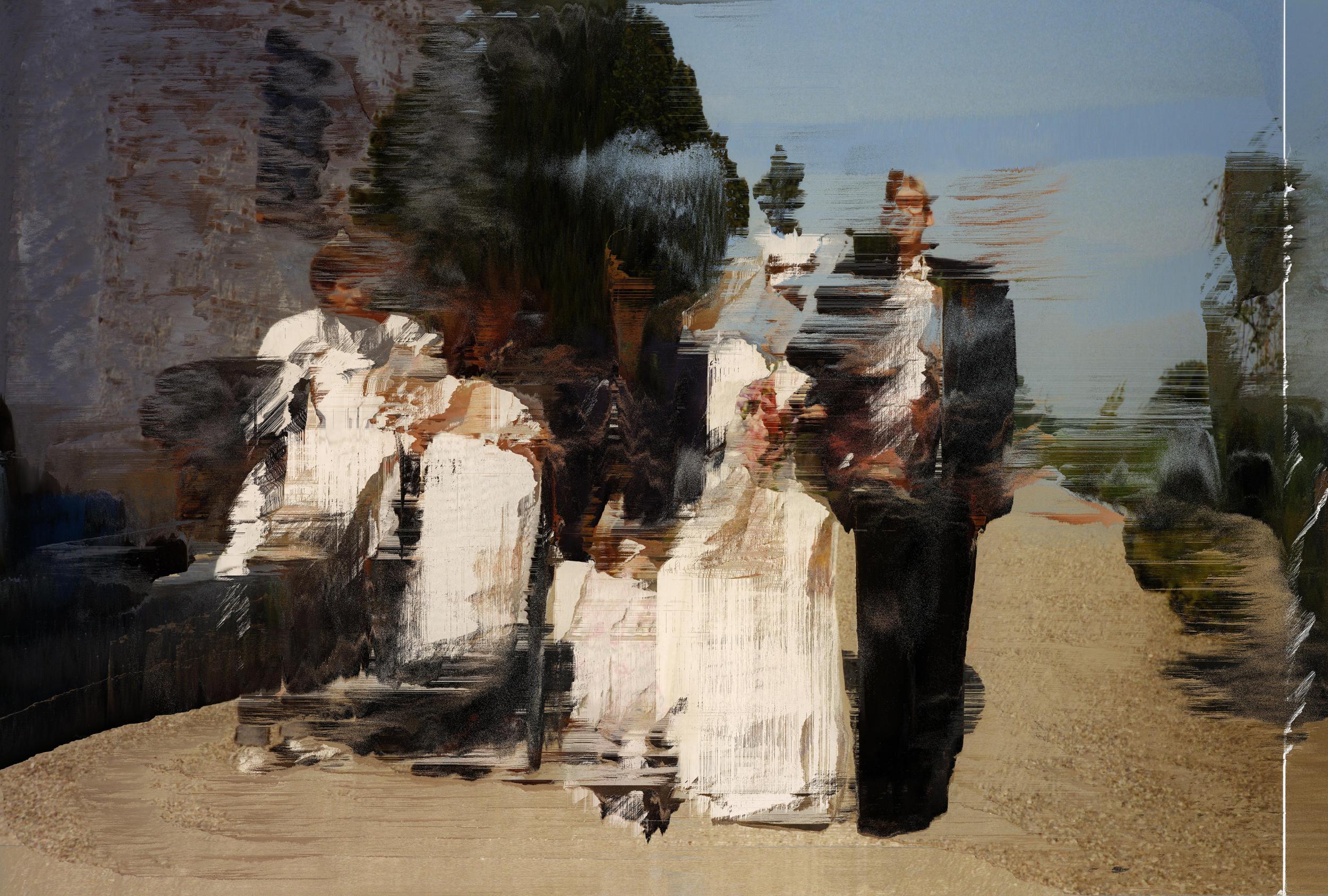 Brudepar og præst med en udtværet, pixeleret effekt