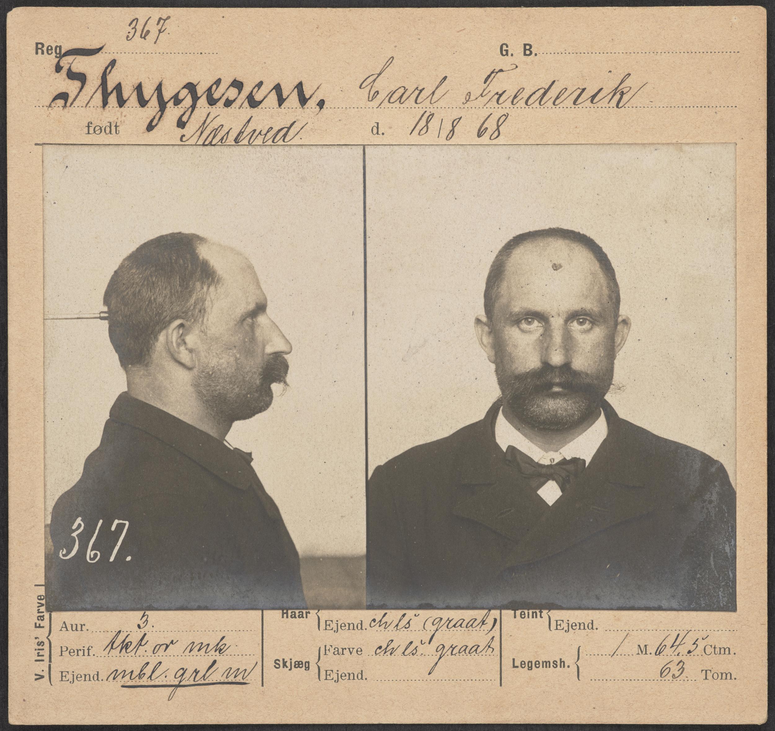 Politibillede af en mand med overskæg i profil og ligepå