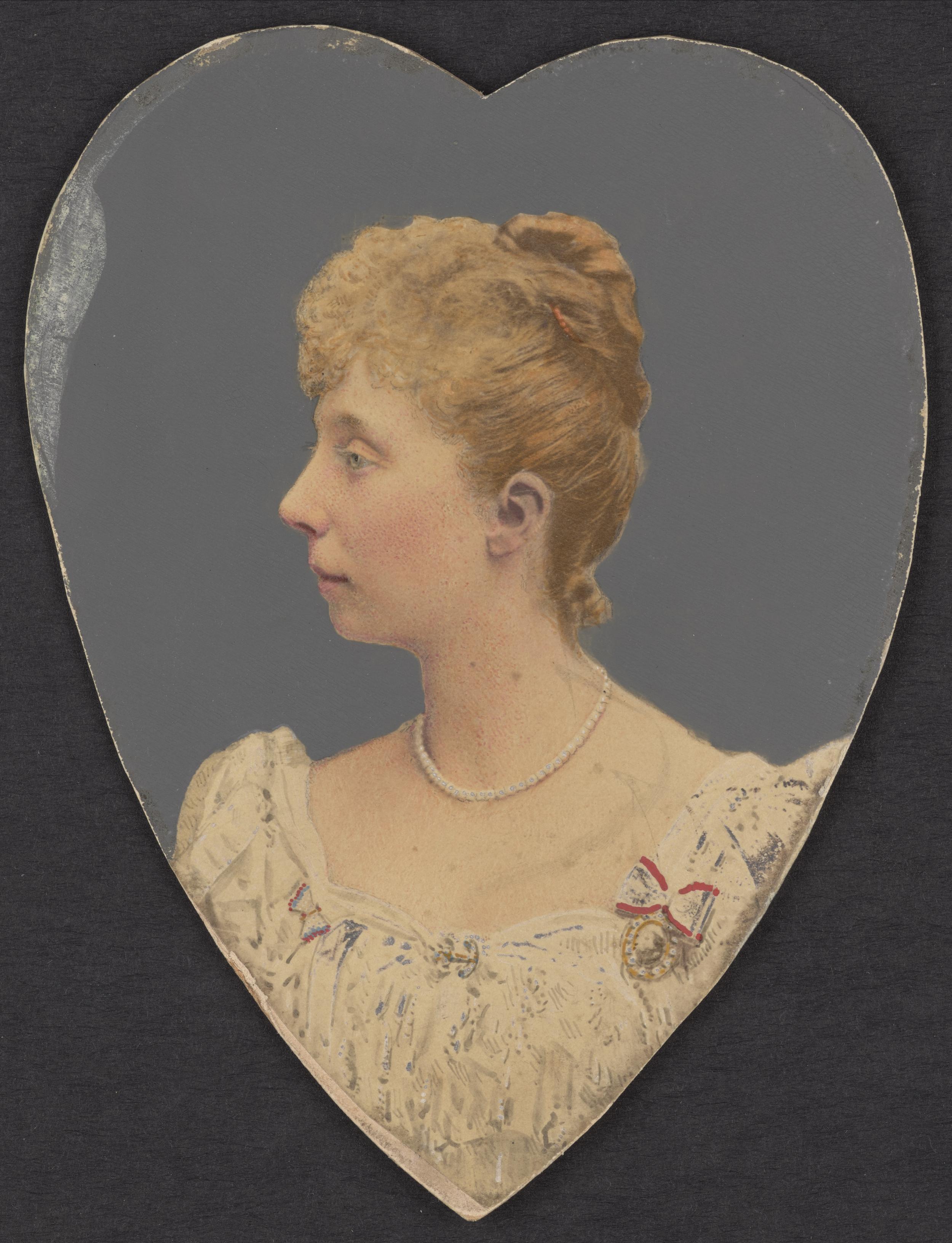Et hjerteformet udsnit af Prinsesse Marie. Farvelagt.