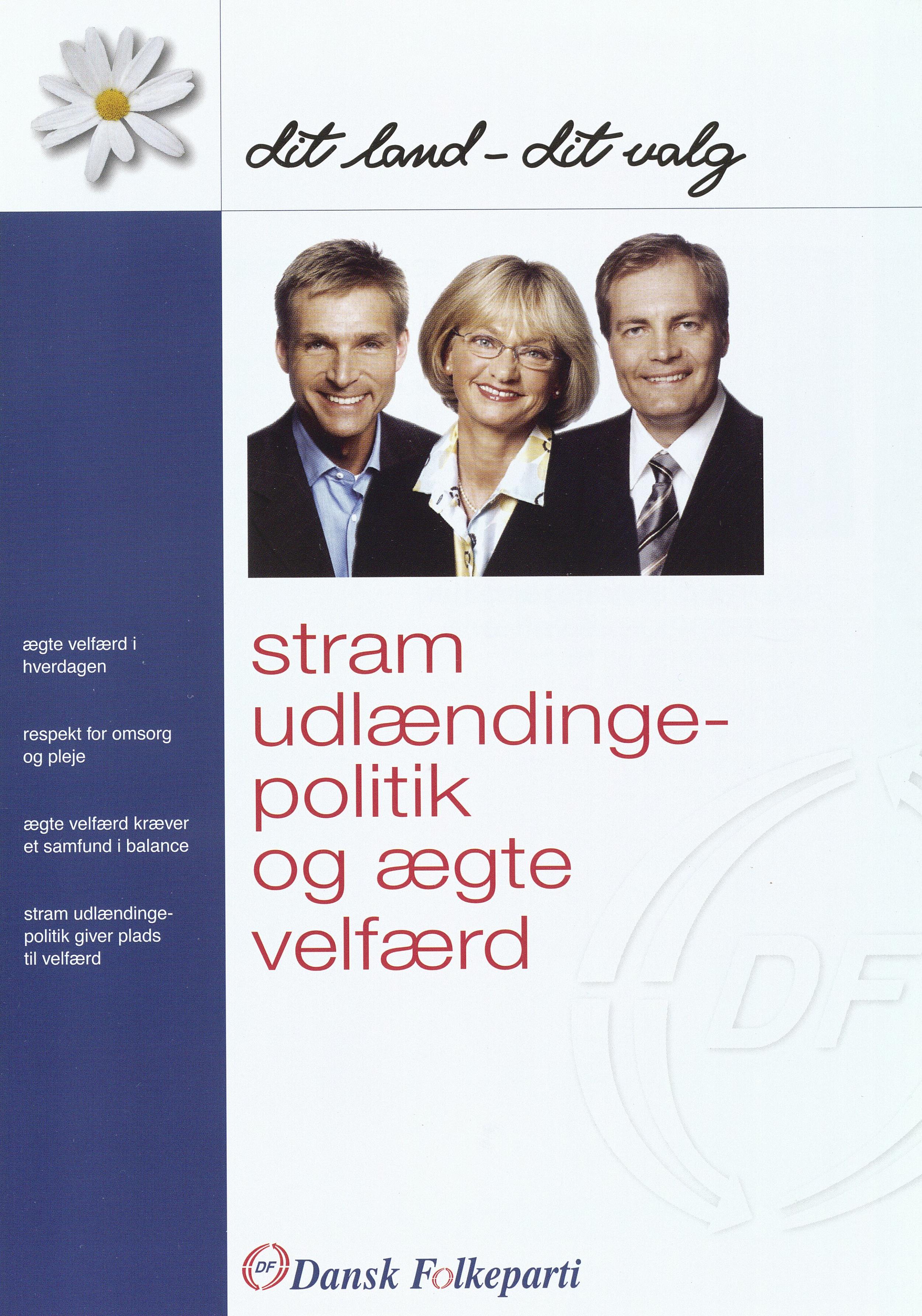Partiprogram med partiledere og teksten "stram udlændinge-politik og ægte velfærd" på forsiden.