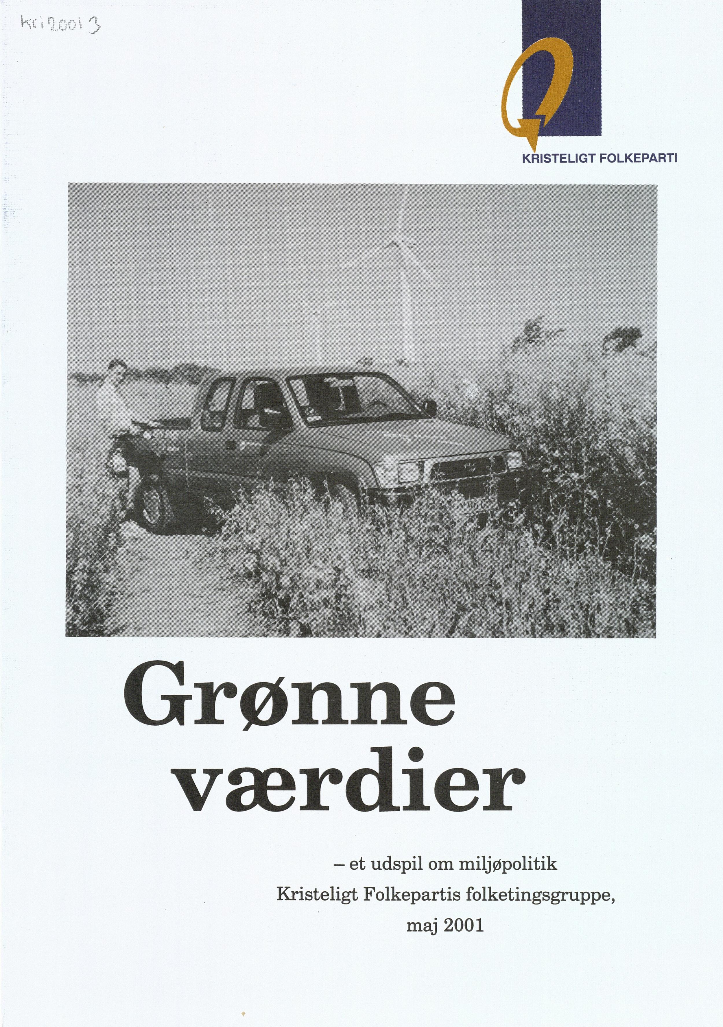 Ordene "Grønne værdier" og et foto af en mand, der tanker sin bil på en mark.