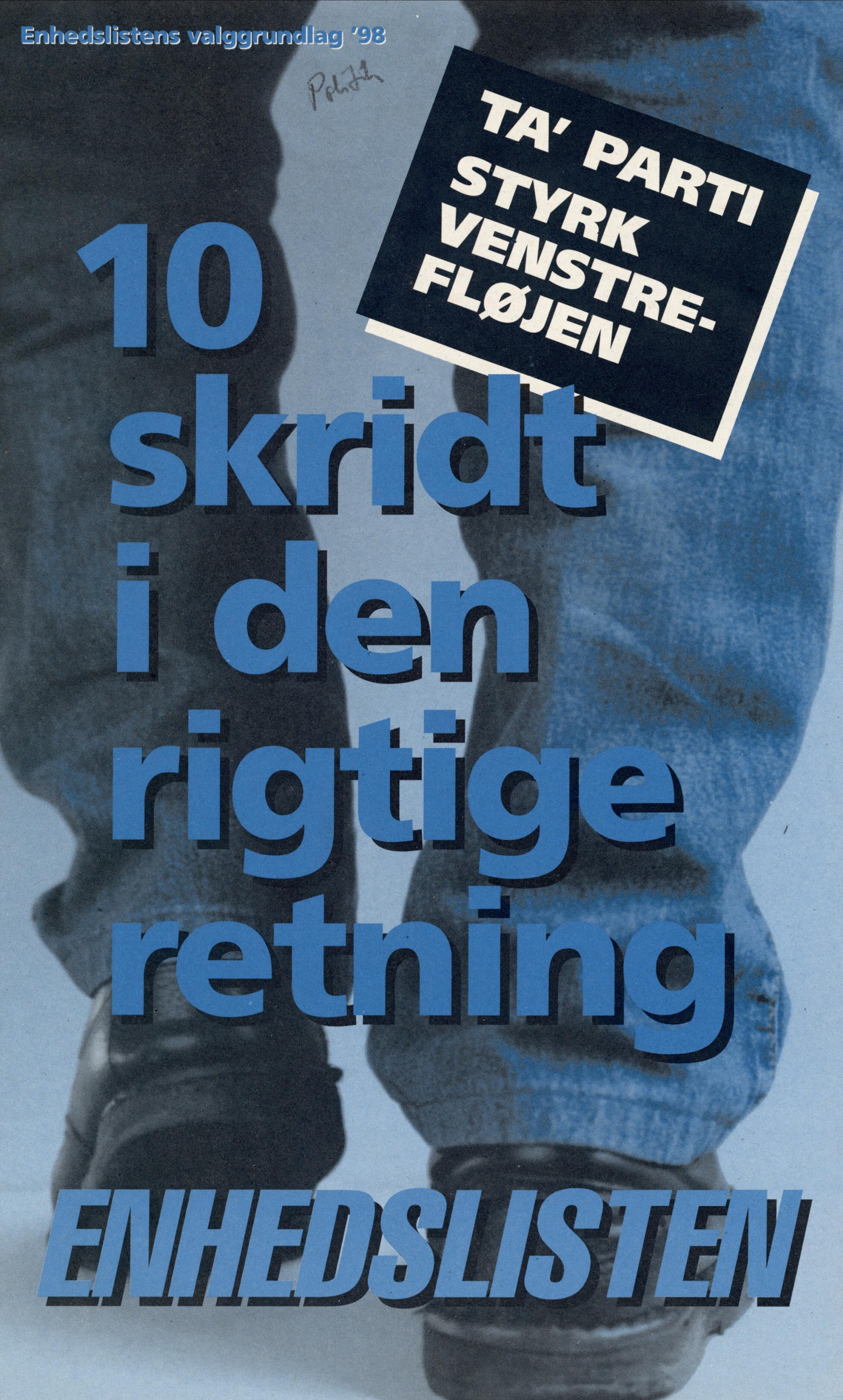 Partiprogram med foto af sko, der går, med tekst: "10 skridt i den rigtige retning."