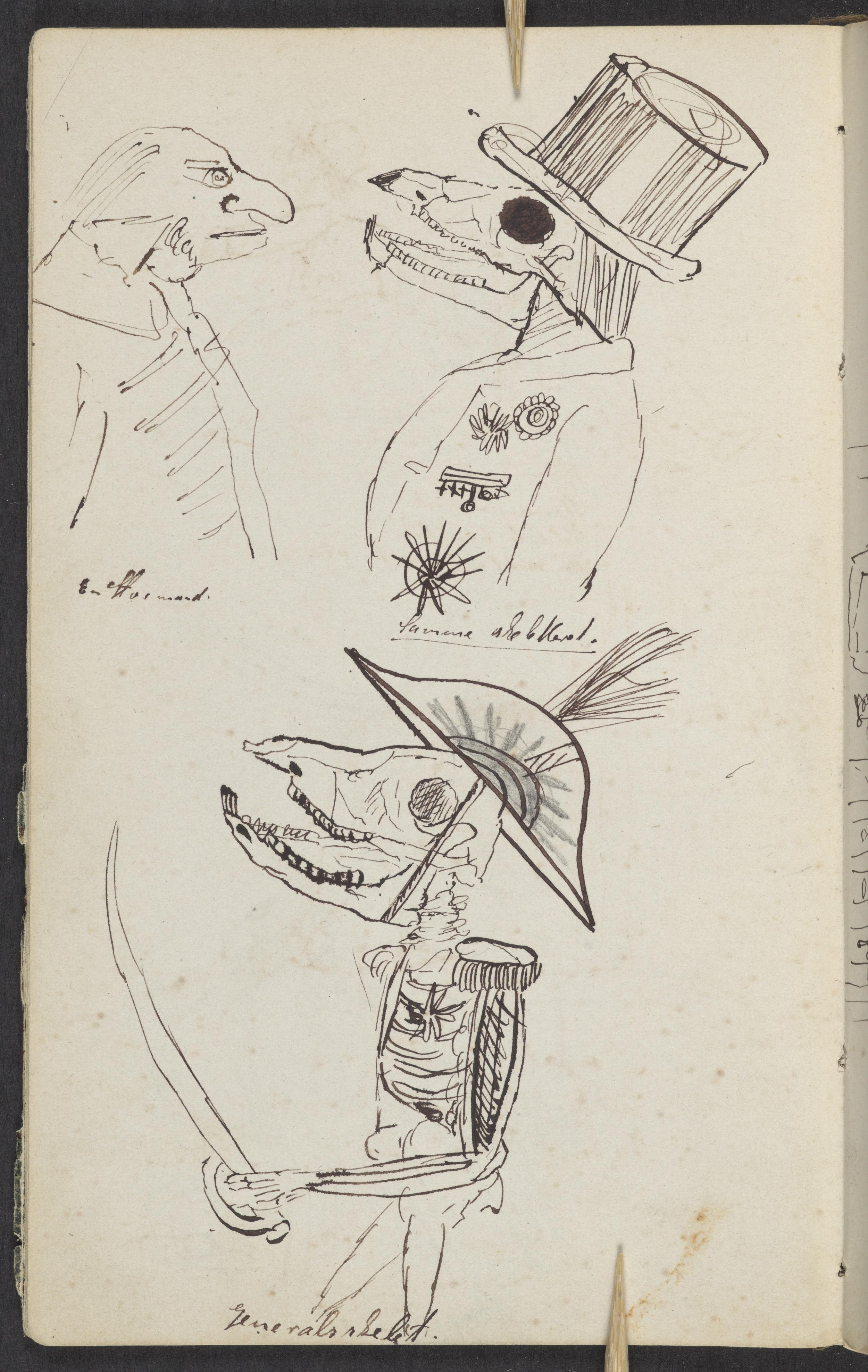 Tegning af J.P. Jacobsen, der forestiller to skeletfugle i uniformer og høj hat.