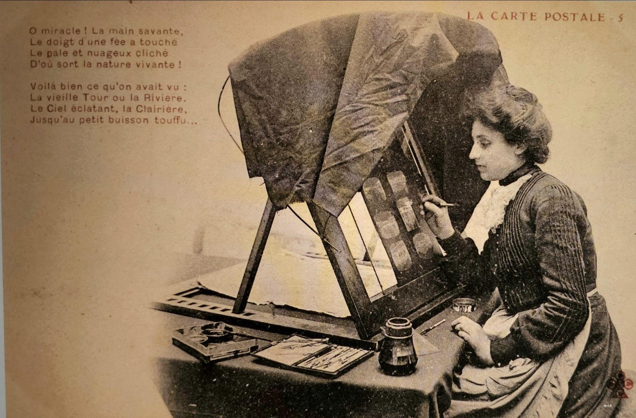 Foreign postcard with woman retouching