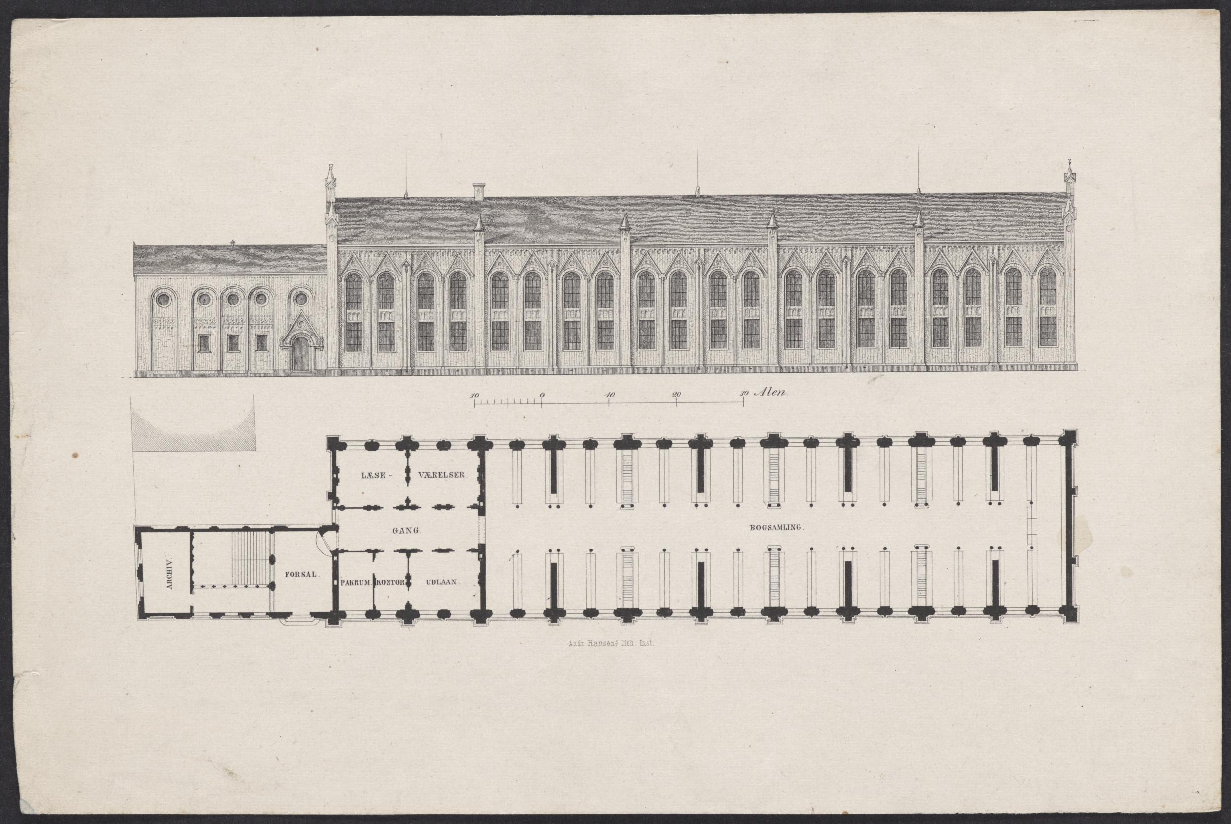 Architectural drawing. The library building from the street and floor plan.