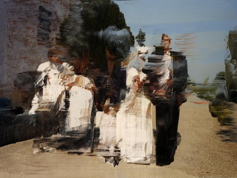 Brudepar og præst med en udtværet, pixeleret effekt