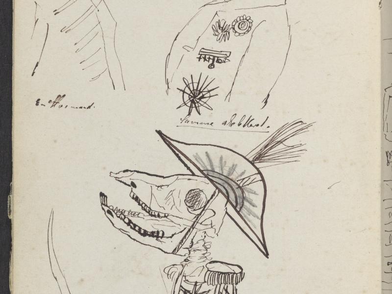 Tegning af J.P. Jacobsen, der forestiller to skeletfugle i uniformer og høj hat.