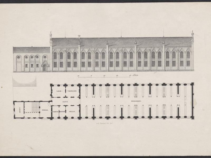 Arkitekturtegning. Biblioteksbygningen fra gade og plantegning.
