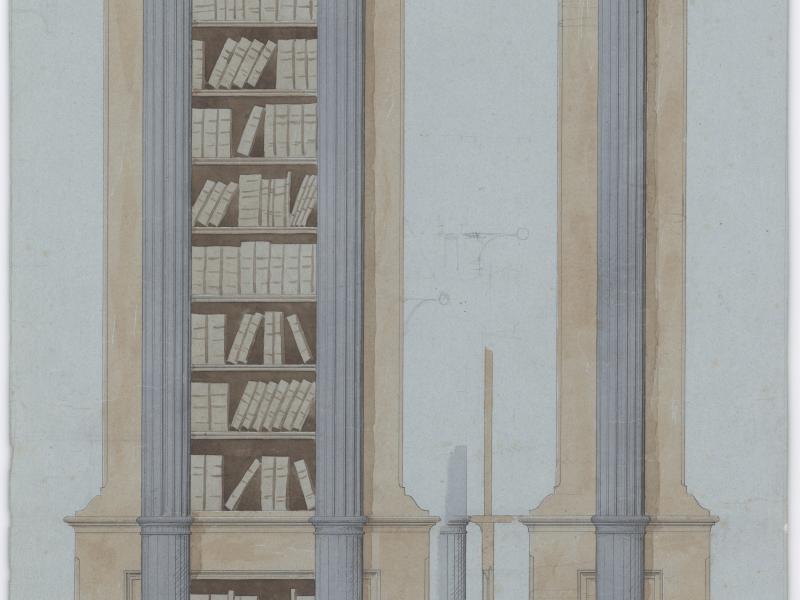 Skitse til arkitektur-konkurrence. Søjler og reoler.