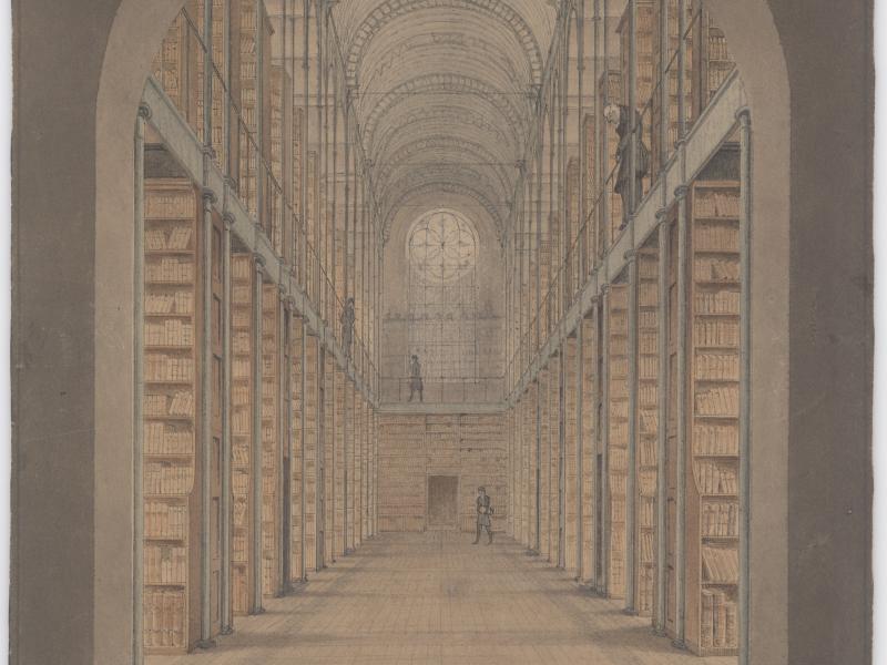 Arkitekturtegning. Biblioteket set igennem det store buevindue.
