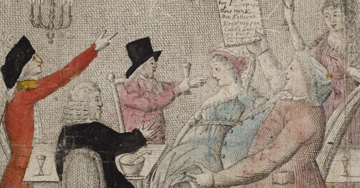 Brothel host with prostitute on lap. Around him the customers.