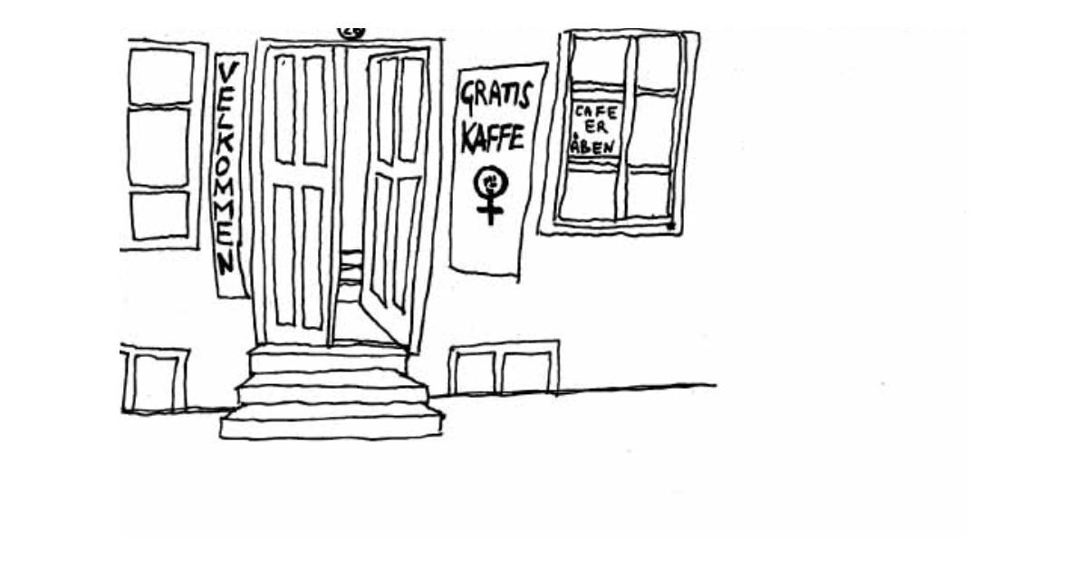 Stregtegning af kvindehusets facade fra bladet Qmokke, 1970.