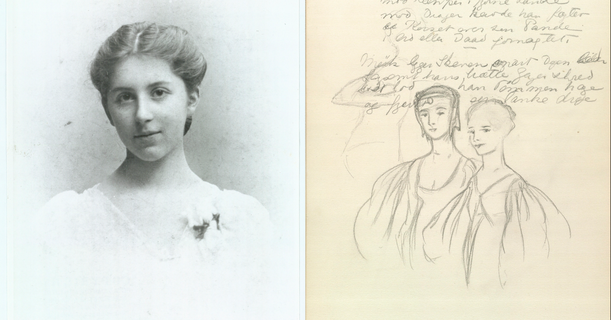 Illustration sammensat af 2 billeder - Karen Blixen som ung og Blixens skitser af to kvinder.