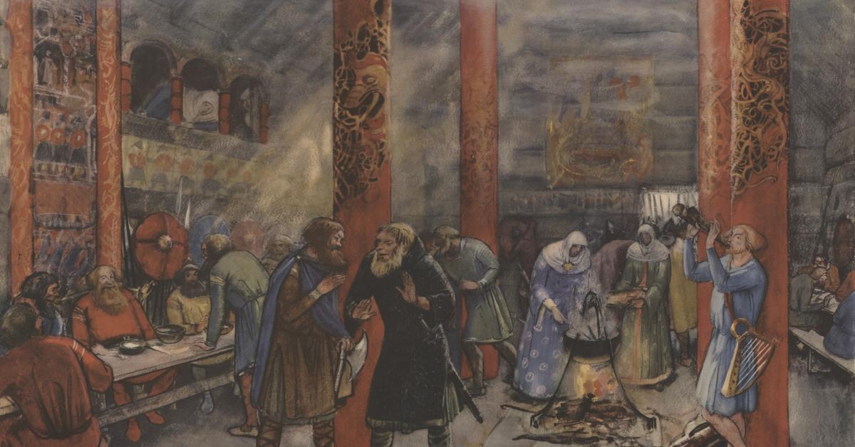 Illustration af oldnordisk gæstehus, hvor der spises, laves mad og drikkes mjød