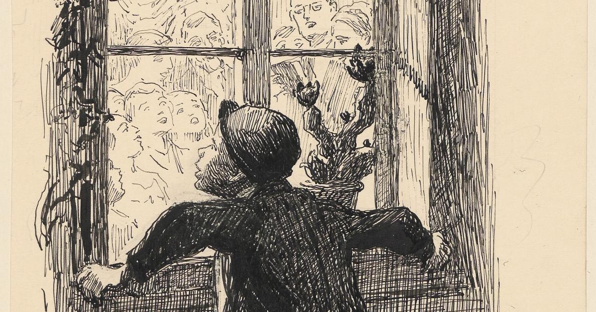 Tegning af en fattig dreng kigger ind af et vindue til en familie, der fejrer jul.