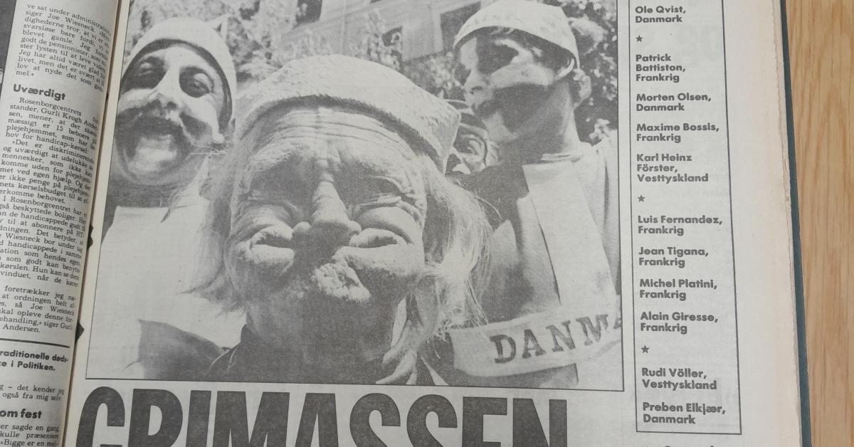 Forside af BT 18. juni 1984. En person laver en grimasse i forgrunden af billedet på forsiden. I baggrunden to danske fans.