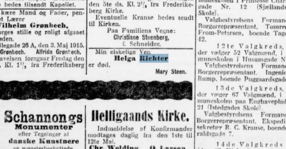 Obituary from Helga Richer's death in 1915 by Mary Steen.